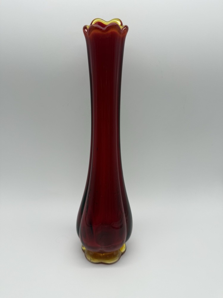 LE Smith Vintage Red Flame Amberina Swung Vase w Six Petal Foot GLOWS 11.25