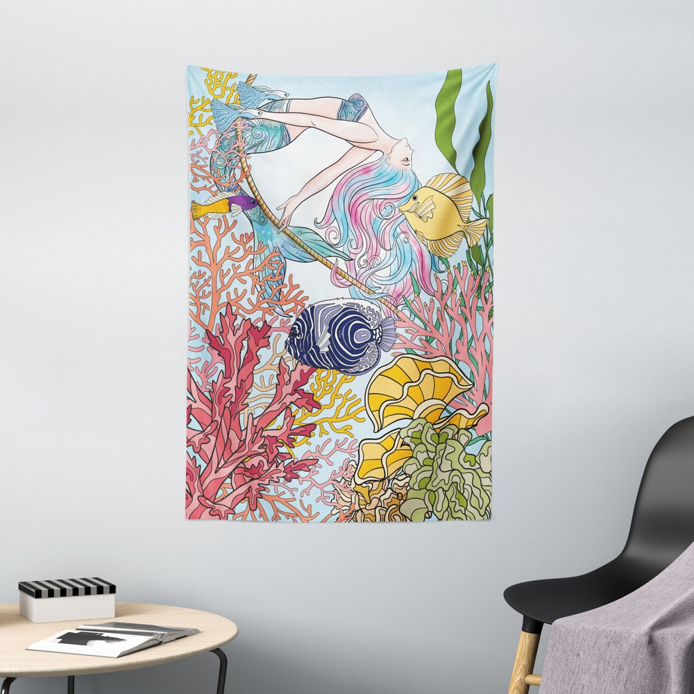 Mermaid Tapestry Sketchy Sea Coral Reefs Print Wall Hanging Decor