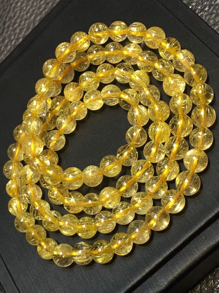 37.7G Natural gold Hair Rutilated Quartz Crystal Round Beads Bracelet Healing