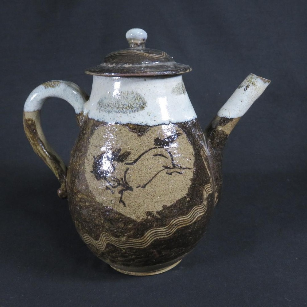 Soma Water Pitcher Folk Art Boar Eye Heart Vase Ceramic Brown White Traditional