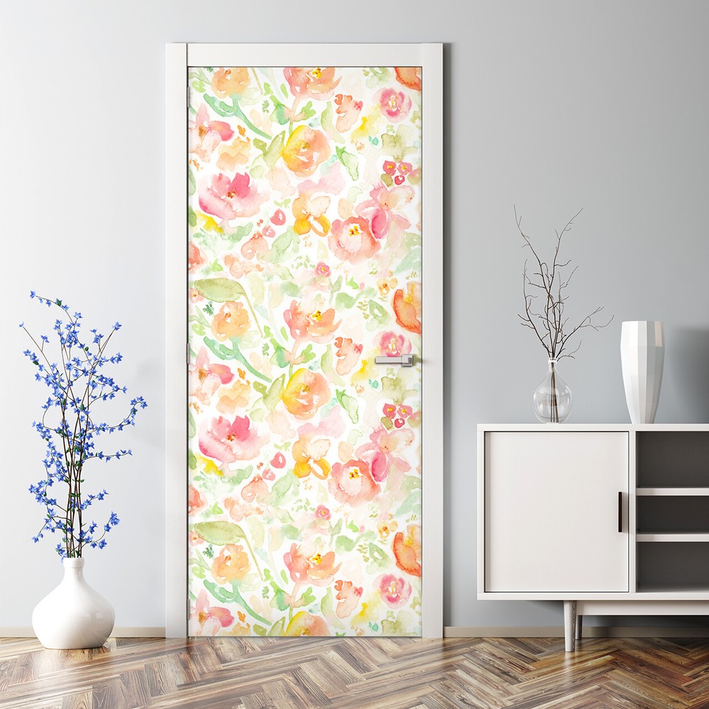 Watercolor hand-painted rainbow flowers peel and stick door decal