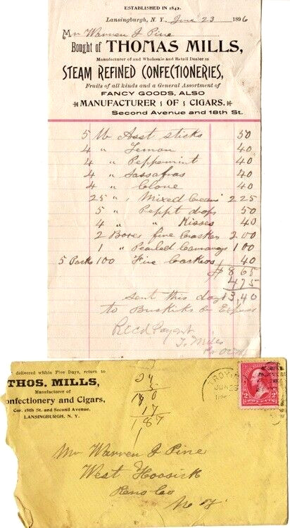 Thomas Mills Confectionary & Cigars, Lansingburgh, NY, Billhead & Envelope, 1896