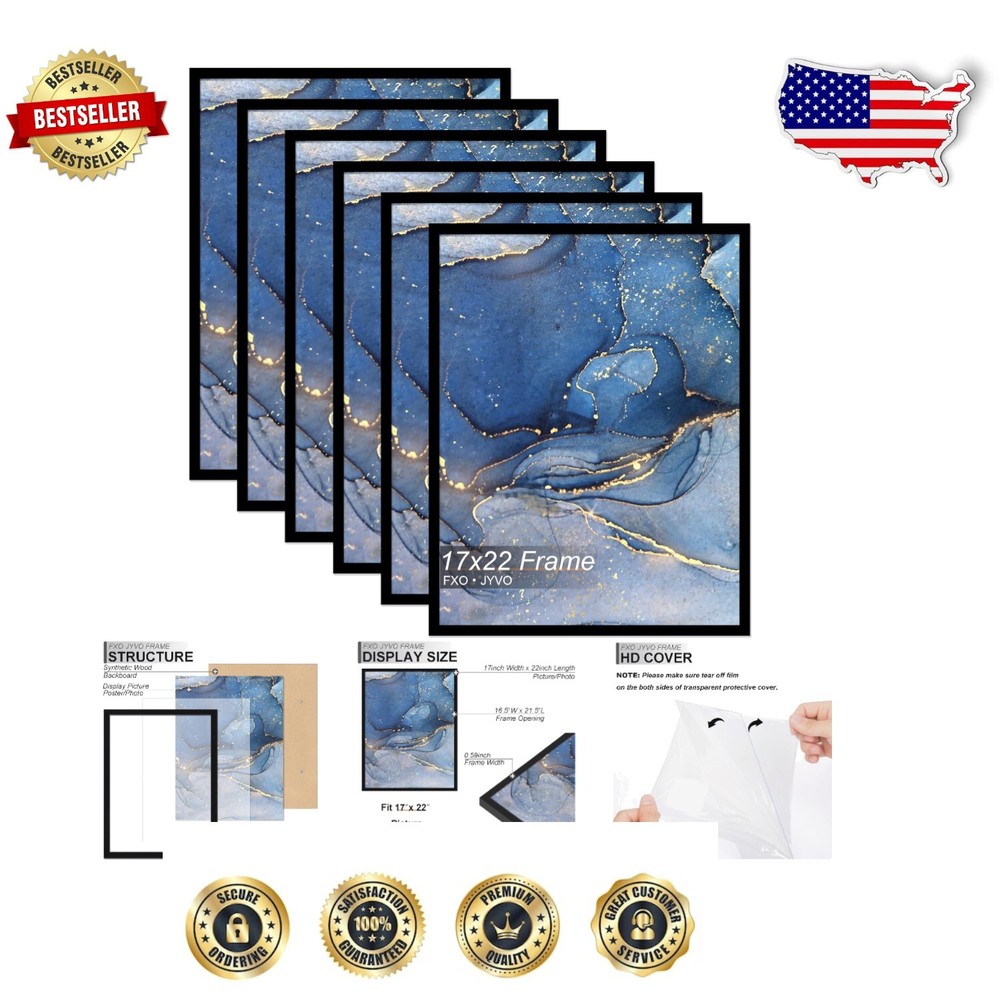 High-Transparency 17x22 Black Picture Frames - Set of 6 for Modern Wall Decor