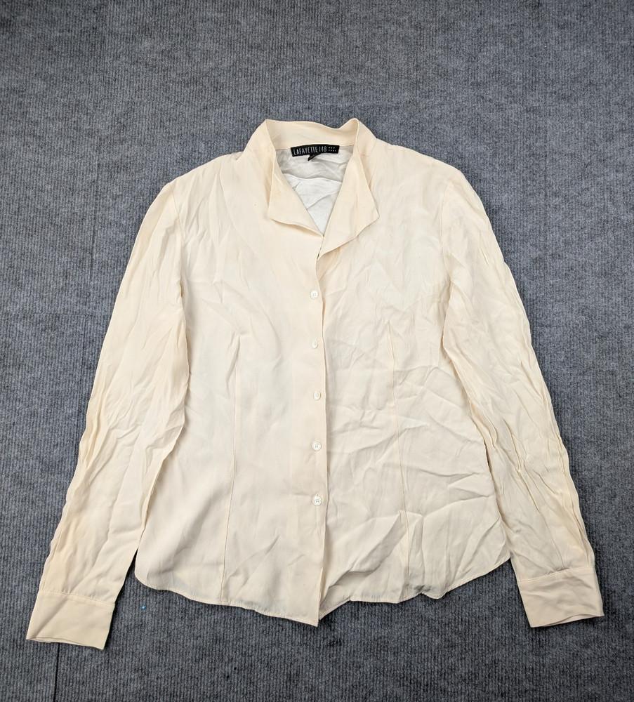 Lafayette 148 Silk Blouse Womens 4 Button Up Satin Cream Career Timeless Classic