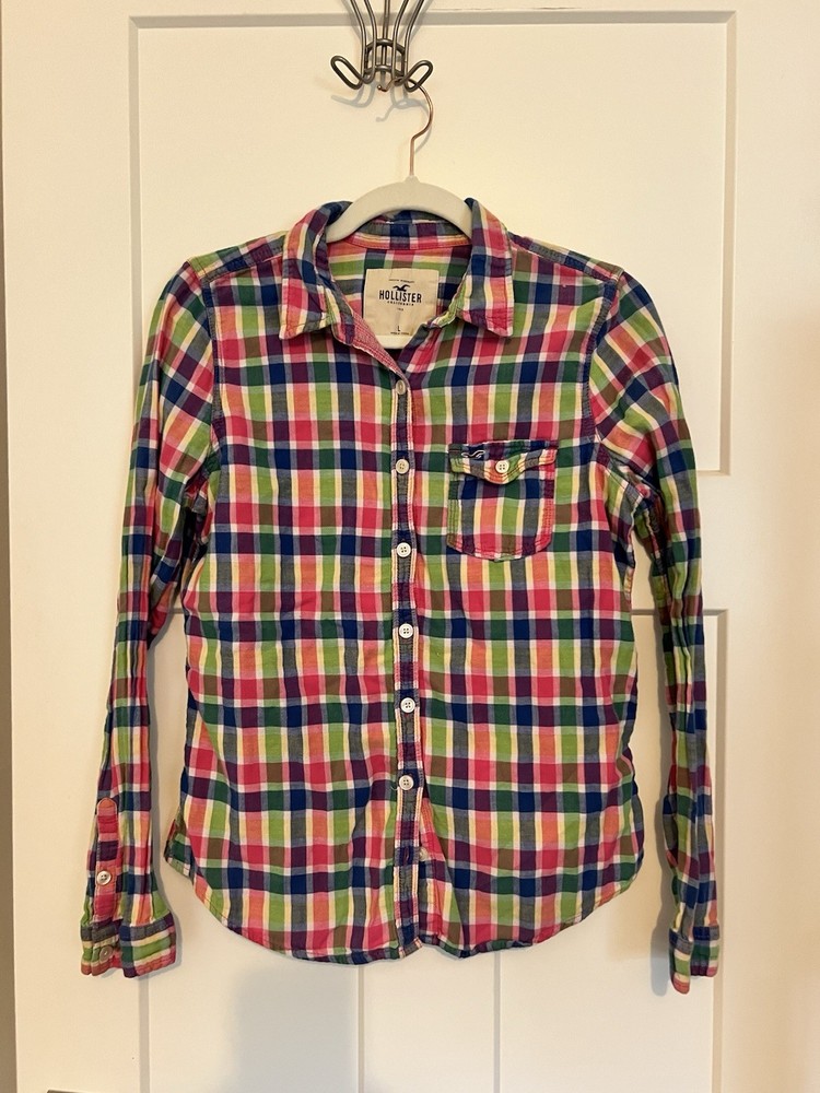 Hollister Y2K Women's Vintage Plaid Preppy Button Up Shirt Size Large Colorful