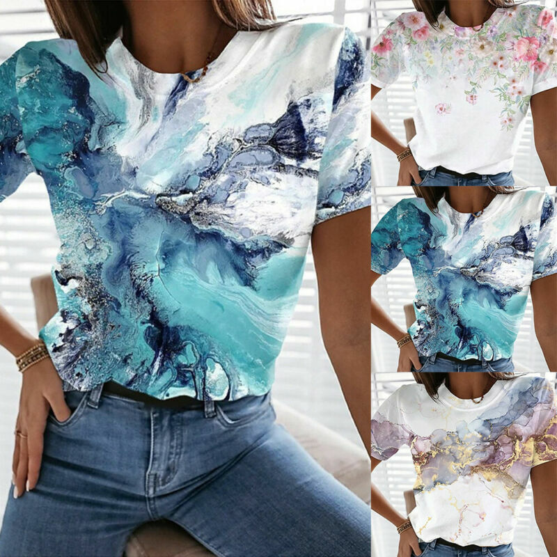 Ladies Casual Summer Women Short Sleeve Crew Neck Print T-shirt Tunic Tops S-5XL