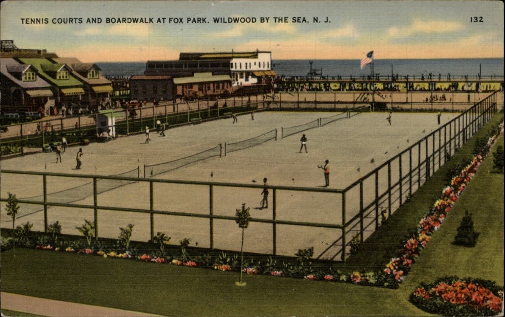 Wildwood by the Sea New Jersey Tennis Courts Boardwalk aerial ~ linen postcard
