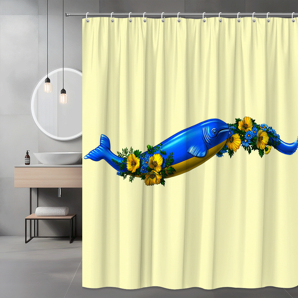 Blue Whale Floral Shower Curtain Ocean Animal Print
