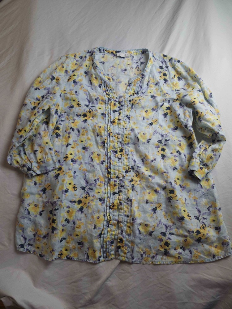 J Jill Blouse Top Womens Medium Yellow Floral Linen Button Front Short Sleeve