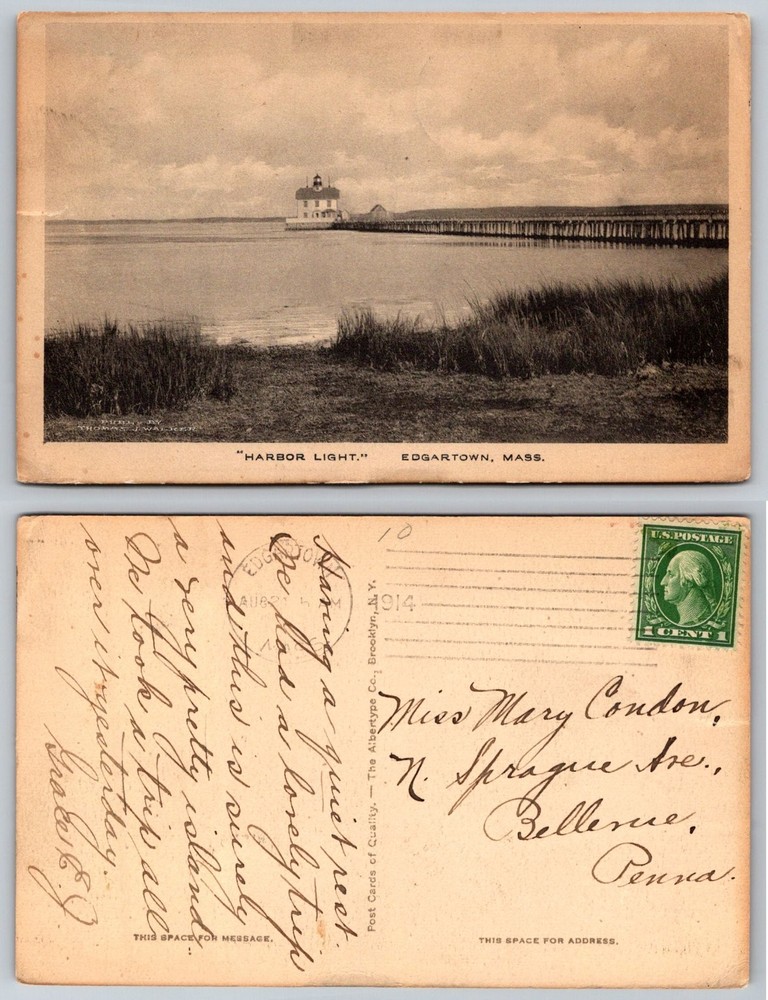1914 Edgartown MA Harbor Light Lighthouse Pier Postcard Albertype Co. Posted
