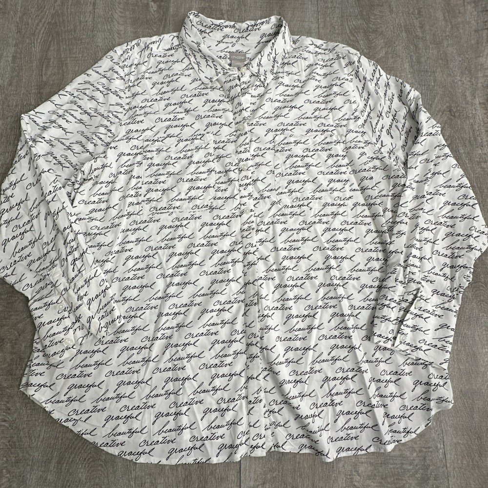 Chico's Women's XL White Black Script Print Cursive Handwriting Button Up Blouse