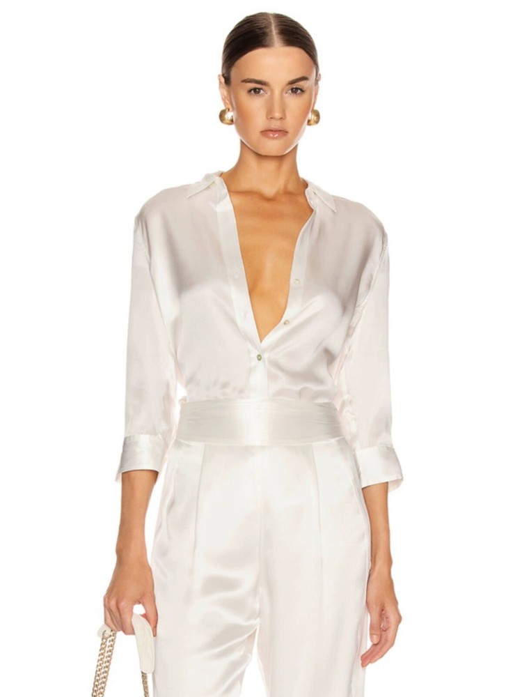 Women L'Agence Silk Crepe Satin Plain 3/4 Sleeve Shirt Top White