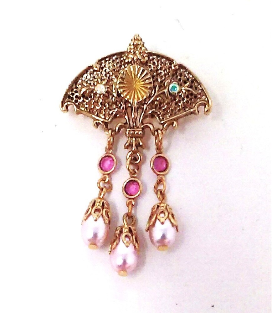 Vtg Pink Dangle Rhinestones & Pearls Filigree Gold Tone Fan Umbrella Brooch Pin