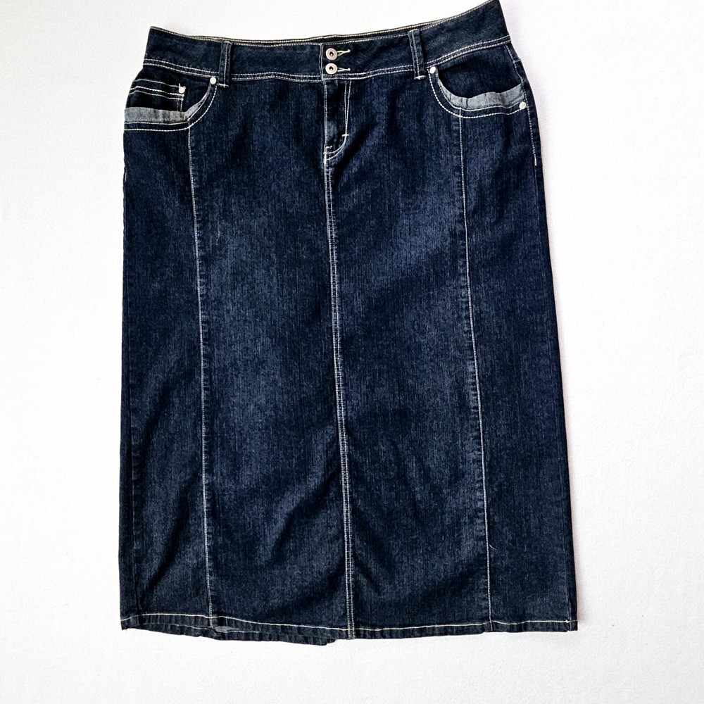 Baccini Denim Maxi Skirt Womens Sz 18W Two Tone Pockets Blue
