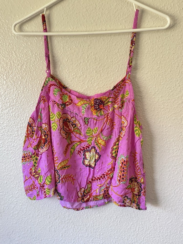 Vintage Y2K Aerie AE Pink Floral Metallic Gold Cami Crop Tank Top Tropical M