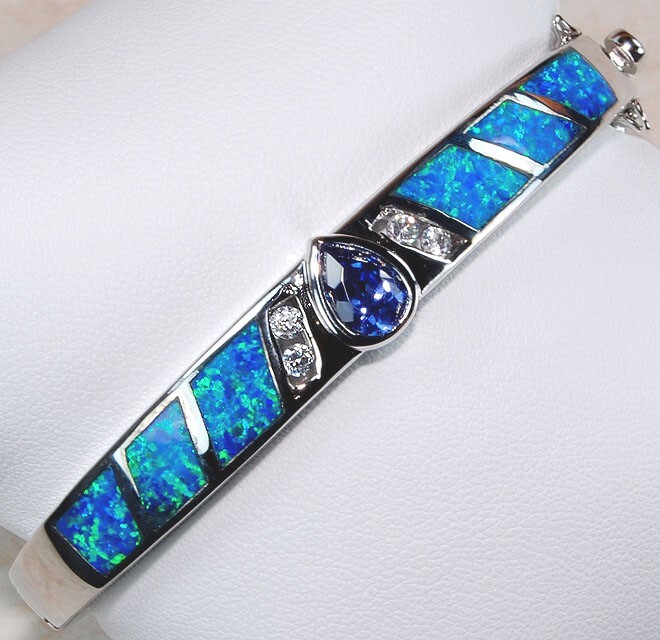 2CT African Sapphire & Australian Opal 925 Sterling Silver Bangle Bracelet OB5