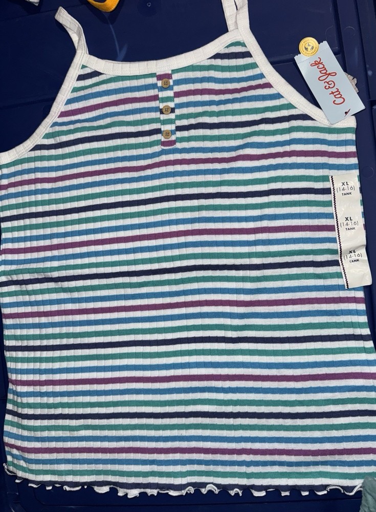 Cat & Jack Girls Size XL 14/16 Sleeveless Tank Top Striped Green Blue White