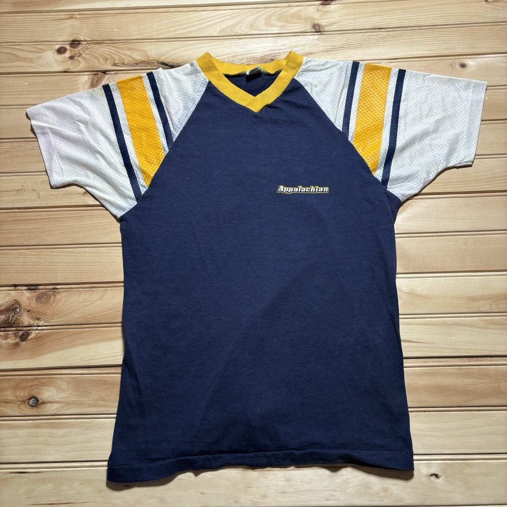 True Vintage 70s Blue Bar Champion Appalachian University Ringer Shirt Size L
