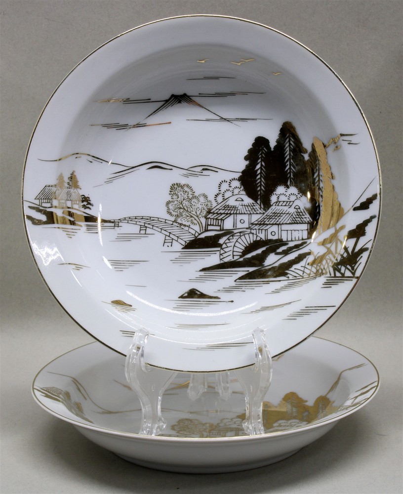 Set of 2 KUTANI Porcelain Hand-Painted Salad/Soup Bowls Gold Mt Fuji Scene 8