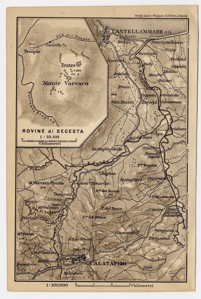 1911 Antique Map Of Vicinity Of Castellammare Calatafimi Segesta Sicily Italy