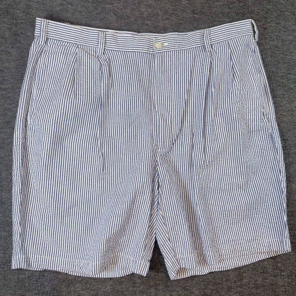 JoS A Bank Mens Stay Cool Seersucker Shorts Blue White Stripe Pleated Sz 40