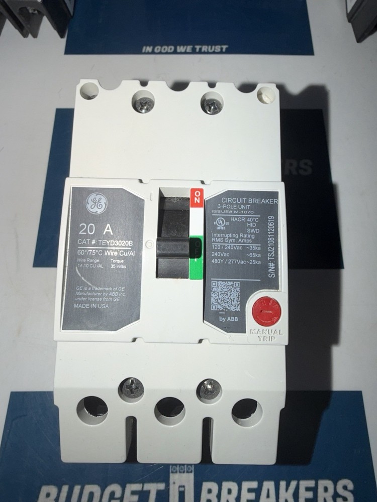 GE TEYD3020B 3 Pole 120/480VAC 20AMP Bolt On Circuit Breaker