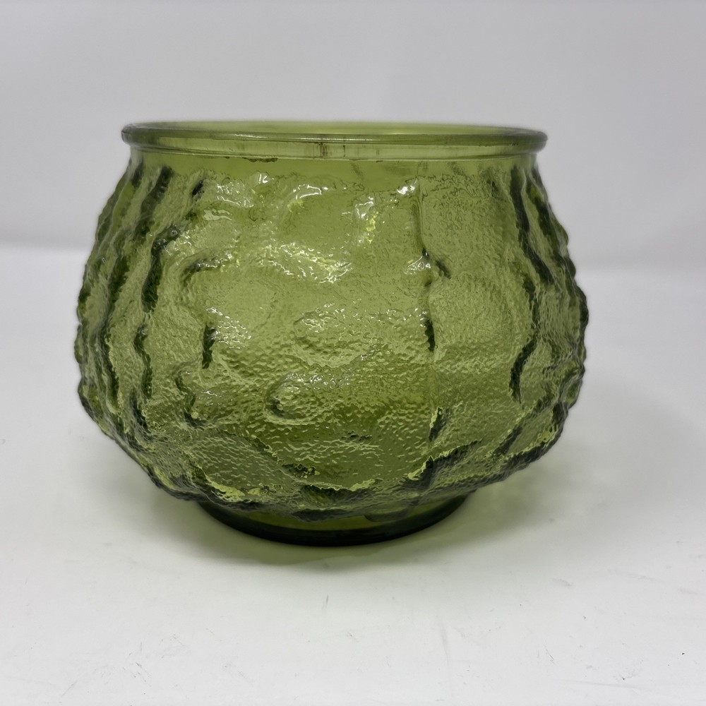 EO Brody Green Crinkle Glass 6 in Wide Mouth Flower Bowl Vase Vintage MCM USA