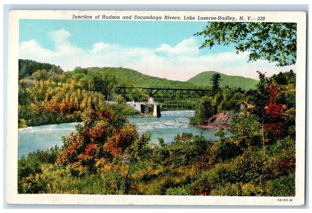 1944 Junction Of Hudson And Sacandaga Rivers Bridge Luzerne Hadley NY Postcard