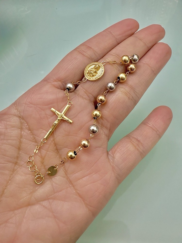 Pure 18k 750 Yellow, Rose, White Gold Beads Bracelet Holy Scapular Rosary