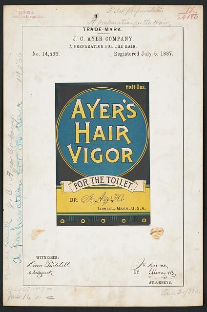Photo:J C Ayer Co Ayer�s Hair Vigor Trademark Registration 1887 Lowell MA