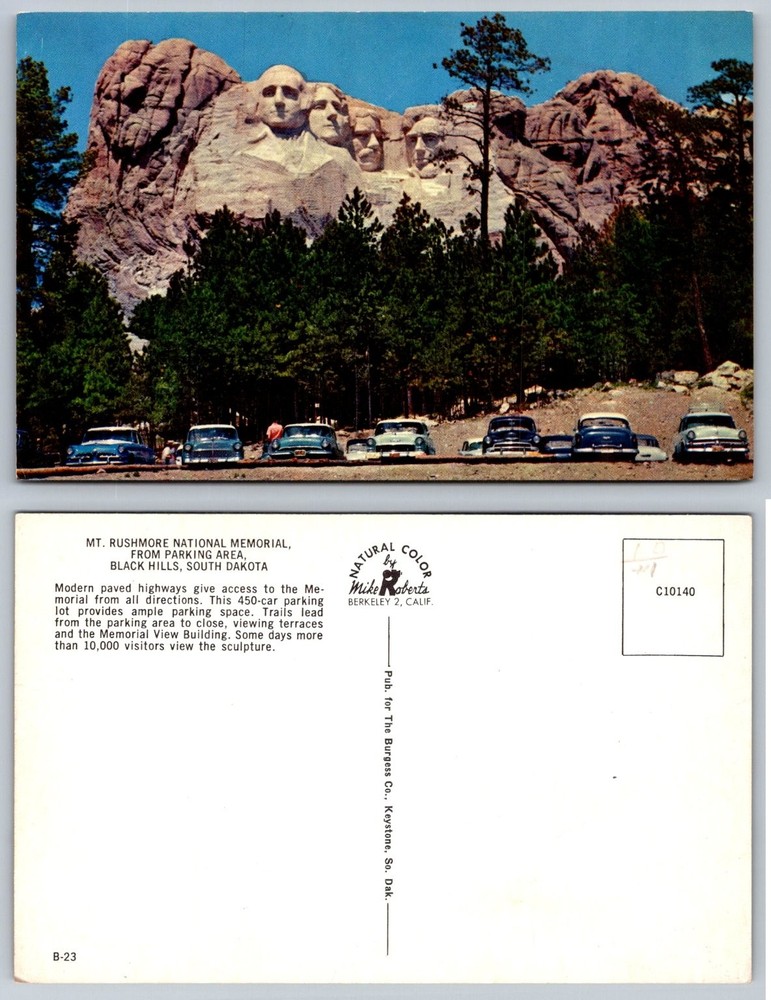 Vintage Mt Rushmore Postcard, Mike Roberts Natural Color, 1950s Cars Parking Lot