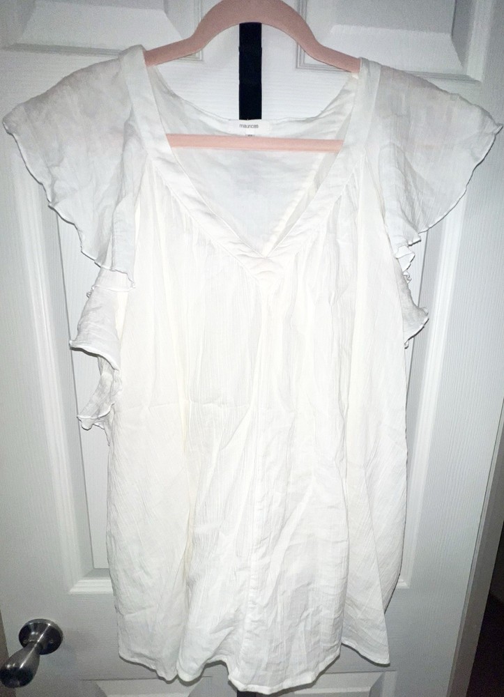 Maurice’s Women’s White V Neck Flutter Sleeve Blouse Size XL