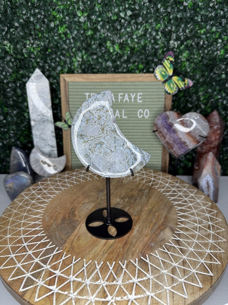 Moss Agate Moon On Stand | Crystal Carvings, Statement Pieces