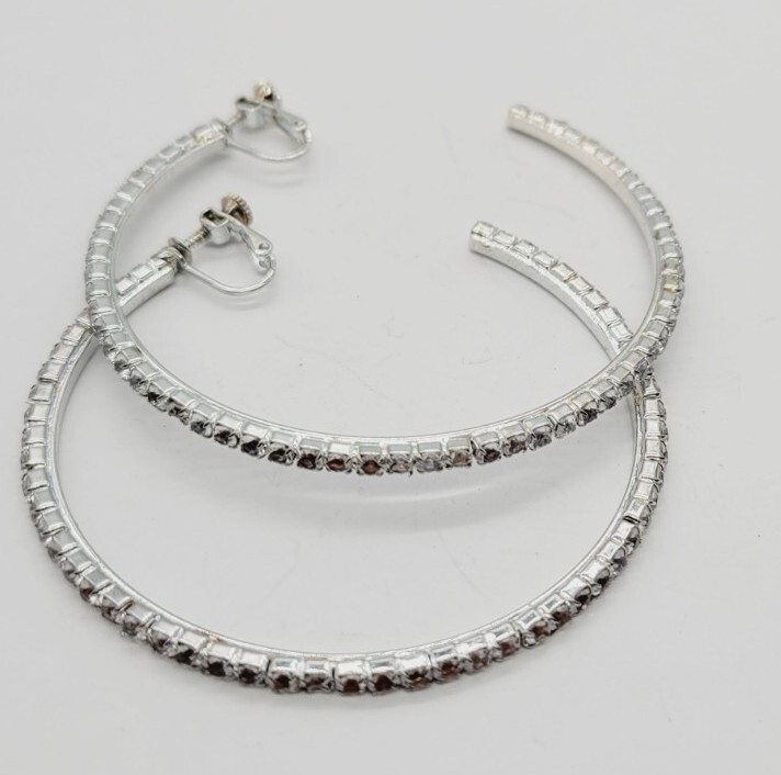 HUGE Crystal Hoop Earring Silver Tone Clip on Screw Back 3 in