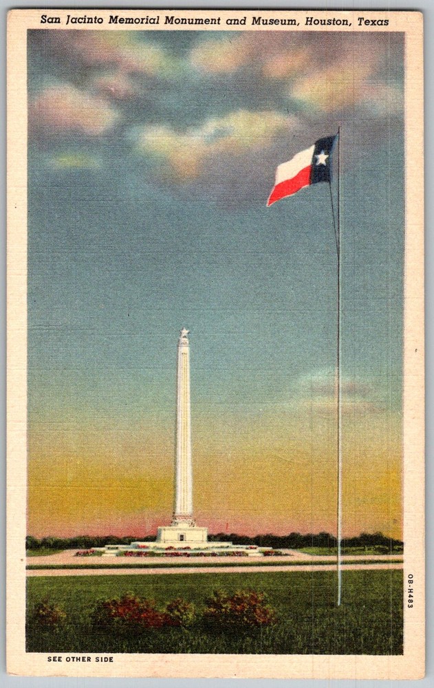 Vtg Linen Postcard San Jacinto Memorial Monument Houston, TX 1940s