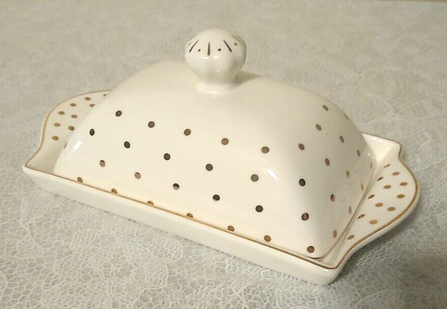 Grace's Teaware Ceramic White with Gold Polka Dot Butter Dish & Lid