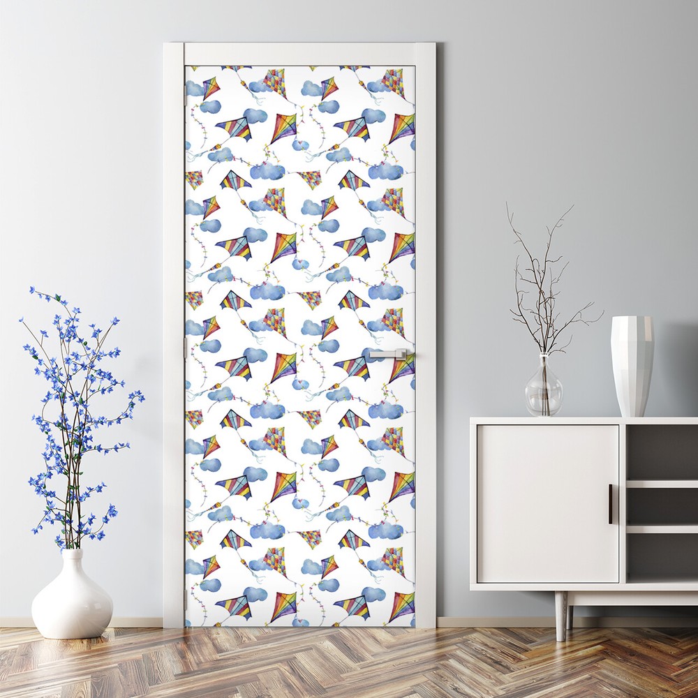 Bubble-free watercolor kite cloudy sky door sticker with colorful kid-friendly pattern