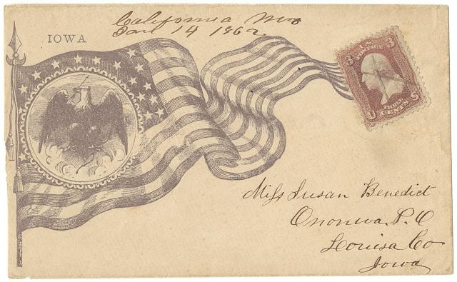 [Civil War envelope showing American flag overlaid with state seal of Iowa]