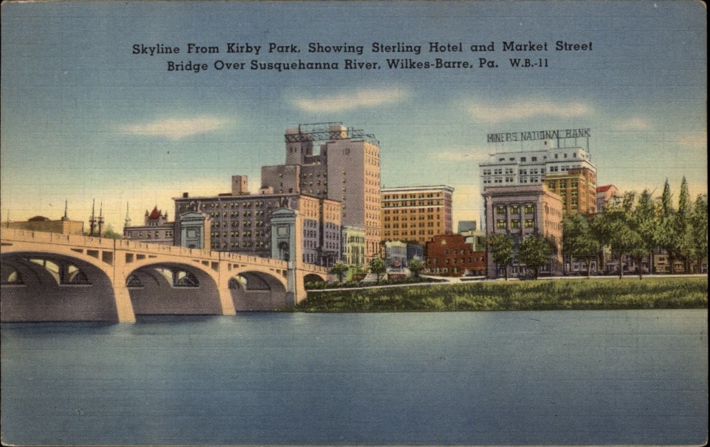 Wilkes Barre Pennsylvania ~ Skyline ~ Market St ~ Bridge ~ postcard mailed 1943