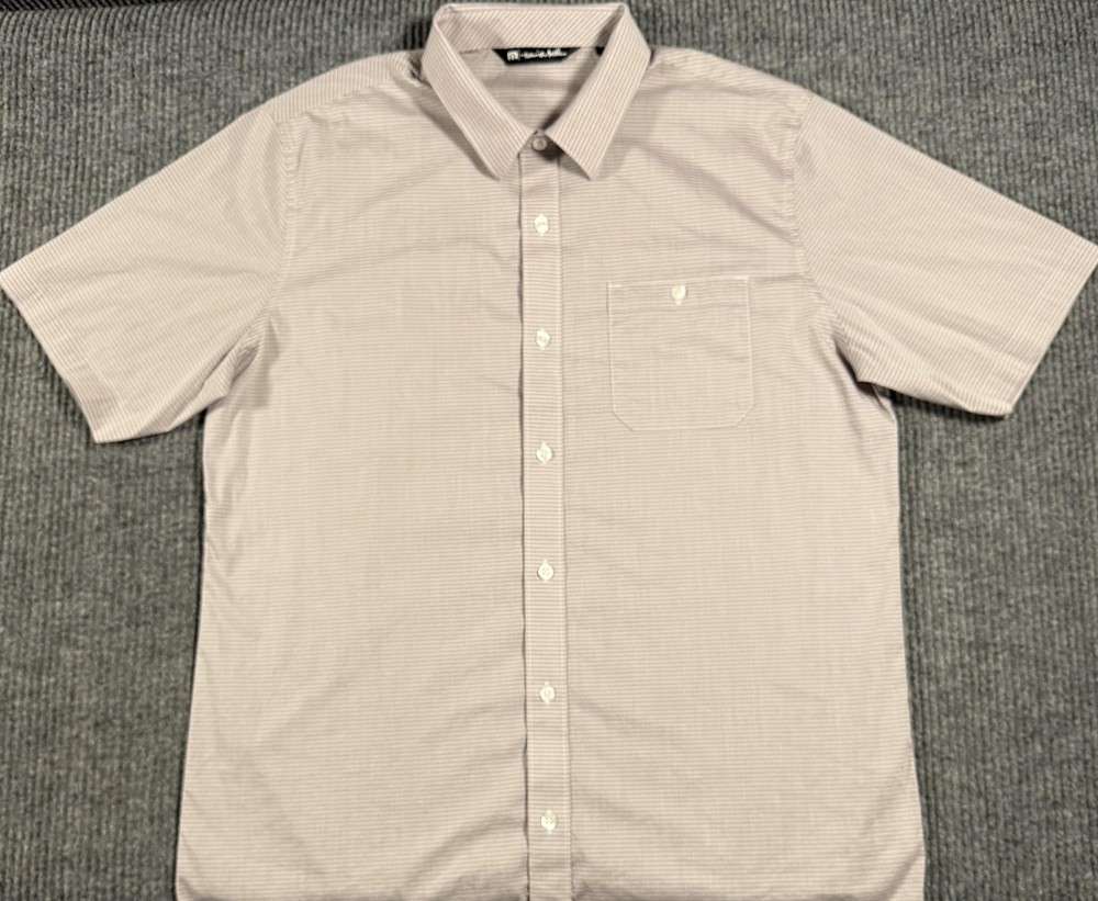 Travis Mathew Shirt Mens Large Stripe Stretch Short Sleeve Button Up Purple Gray
