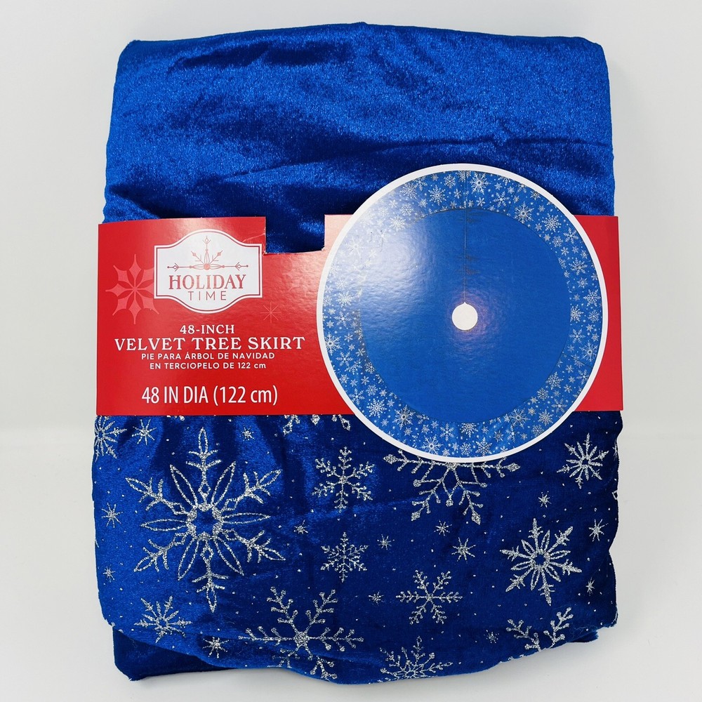 Holiday Time Blue Velvet Tree Skirt Silver Snowflake Edge 48 Inch Christmas