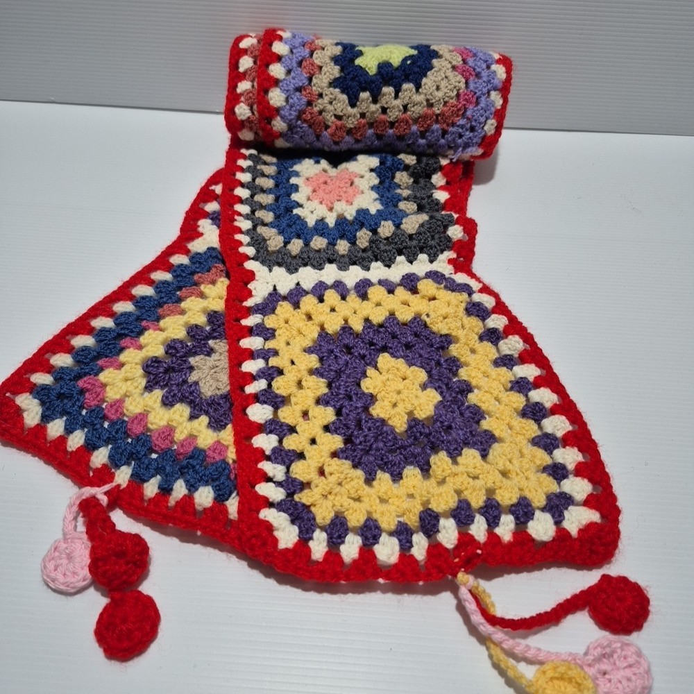 Handmade Multicoloured Crochet Granny Square Scarf Boho Retro Style