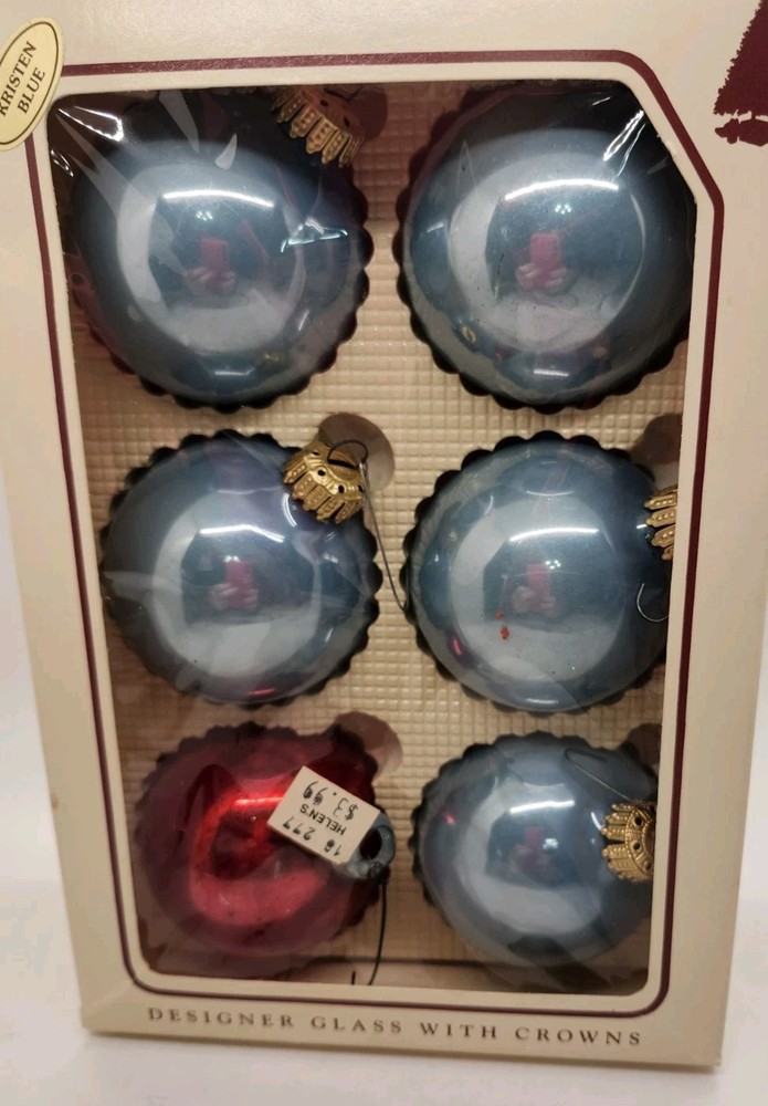 Vintage Holiday Blue Christmas  Krebs Designer Glass Bulbs Ornaments pack of 6