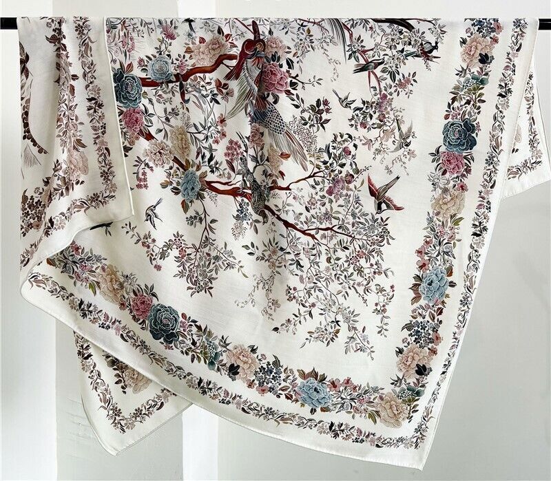 70% Cashmere 30% Silk Double-Sided Bird & Flower Print Wrap Scarf 53