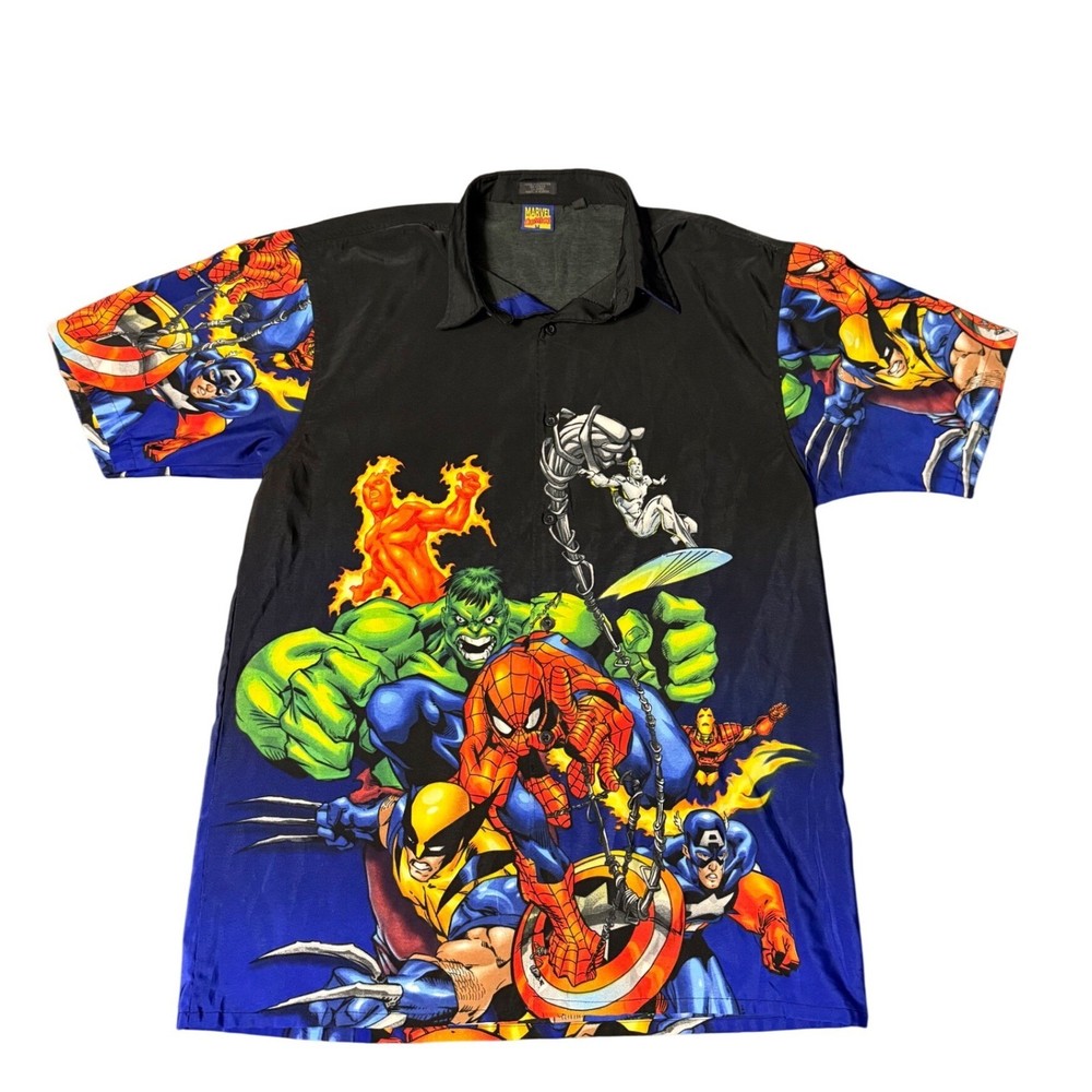 Marvel Comics Vintage Superhero Graphic Button Up Shirt Mens XL Spider-Man Hulk