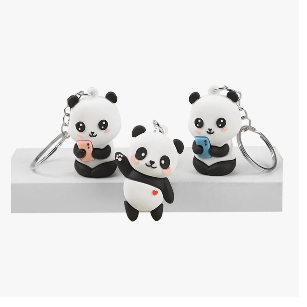Set of 3 Panda Animal  Keychains, Detachable Keyring, Multi-Color