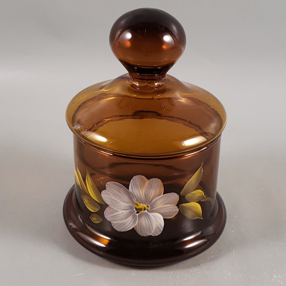 Vintage HAND PAINTED White Pink Flower BLOWN Amber Glass APOTHECARY JAR