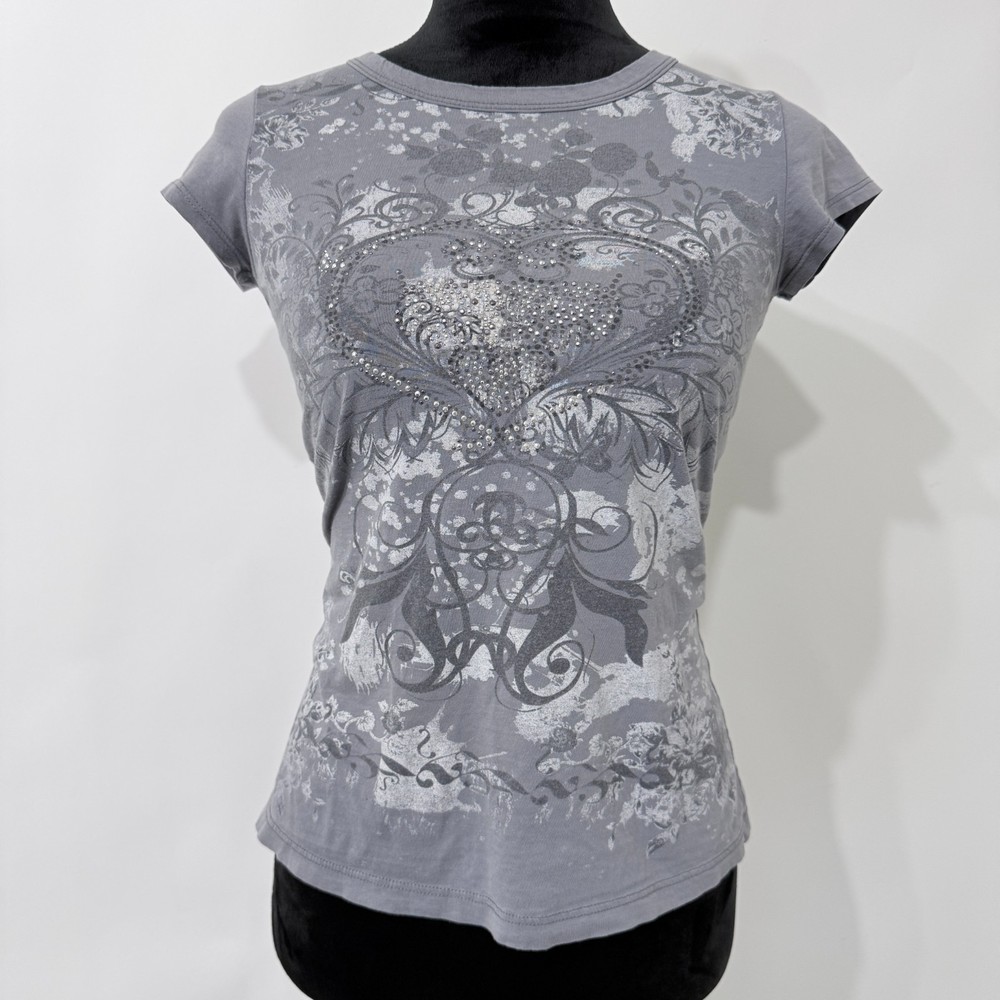 Candy Rain Y2K Paisley Rhinestone Bling Heart Baby Tee S/M? Gray Fairy Grunge