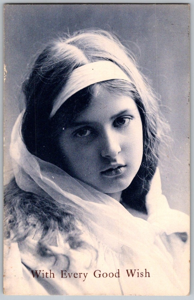 Antique Postcard Girl Portrait Headband Scarf 1910s