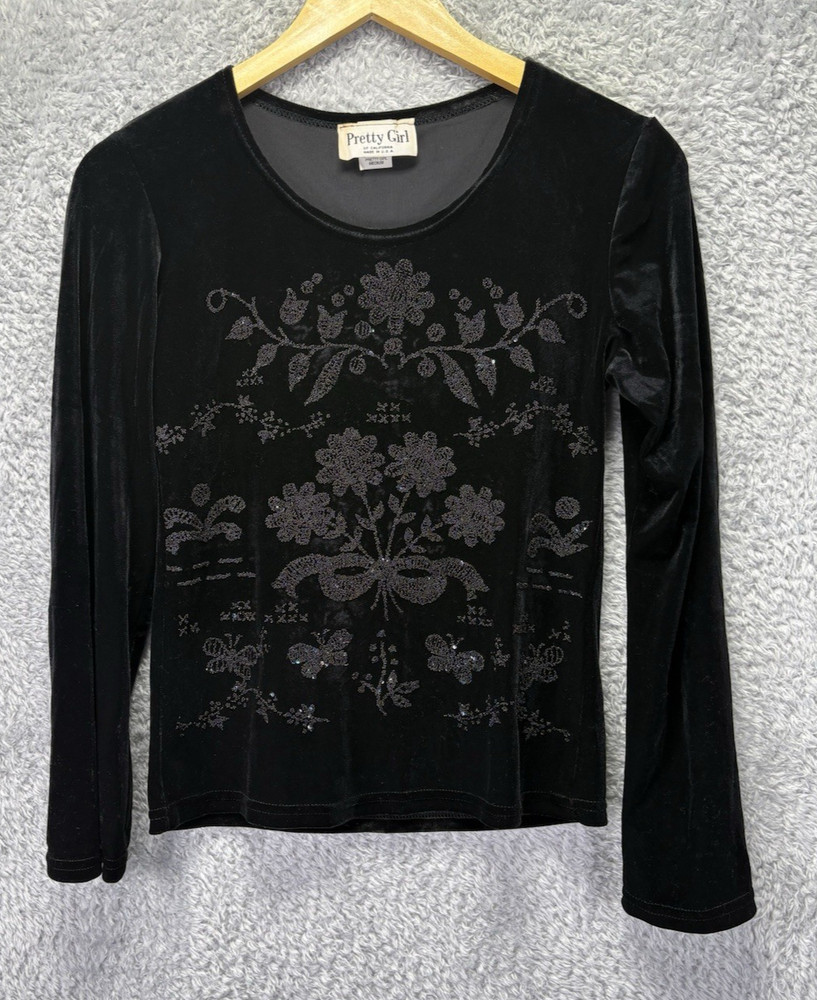 Vintage 90s Pretty Girl Velvet Top Black Floral Beaded Whimsigoth Goth Womens M